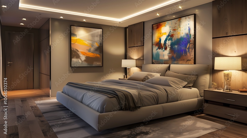 Sleek modern bedroom with recessed lighting, abstract art, and a plush king-sized bed Sleek modern bedroom with recessed lighting, abstract art, and a plush king-sized bed