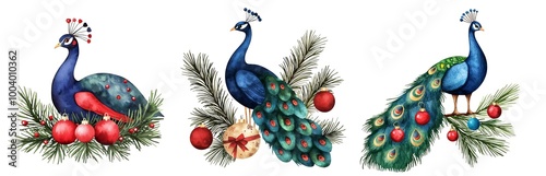 Peacocks with ornaments and pine branches on white isolate background.