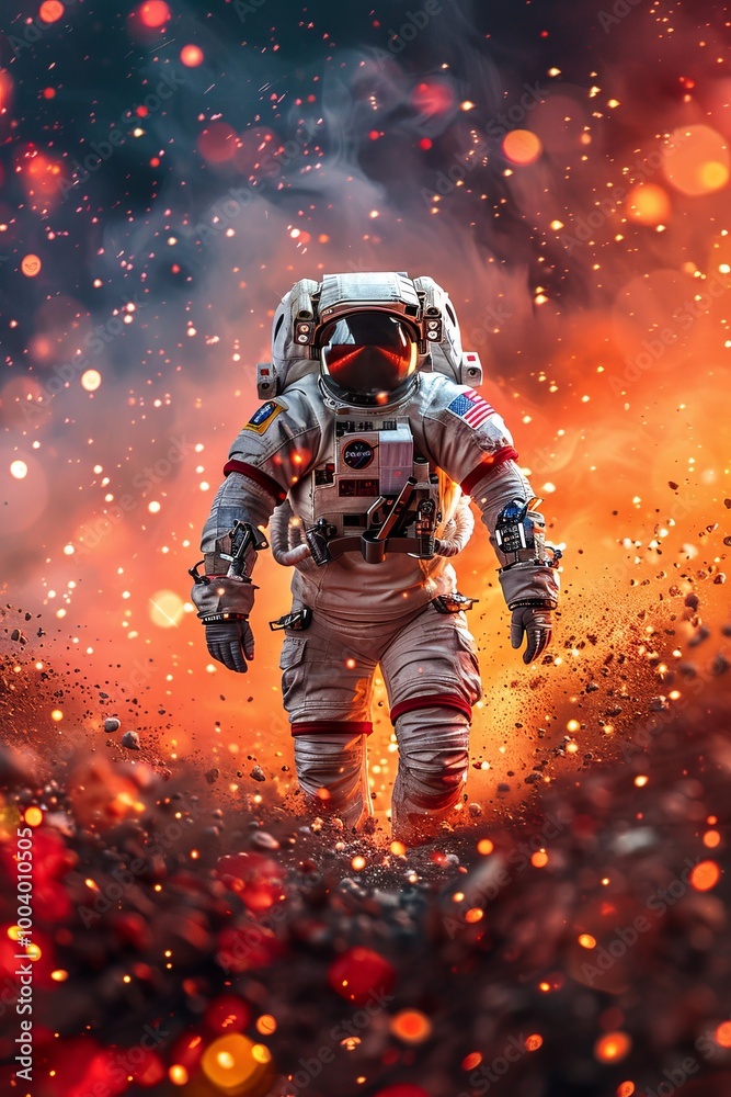 Lone Astronaut Exploring Fiery Alien Planet Surface, Science Fiction, Heroic Concept Art Lone Astronaut Exploring Fiery Alien Planet Surface, Science Fiction, Heroic Concept Art