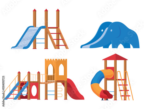 Children s slides playground kids summer outdoor amusement set isometric vector illustration