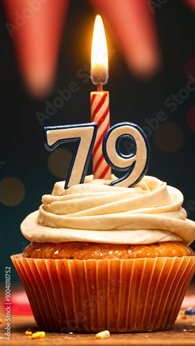 Birthday cupcake with burning lit candle with number 79. Number seventy-nine for seventy-nine years or seventy-ninth anniversary. photo