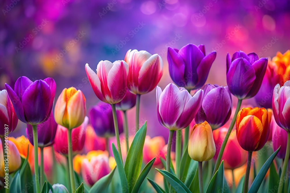 Vibrant tulips in full bloom showcased against a stunning purple backdrop, celebrating natures beauty and elegance. Vibrant tulips in full bloom showcased against a stunning purple backdrop, celebrating natures beauty and elegance.