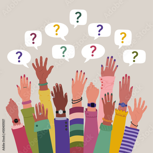 Group of multiracial peoples hands raised up and speech bubbles with questions marks. FAQ and questions concept. Hand drawn vector vector illustration isolated on light background, modern flat cartoon