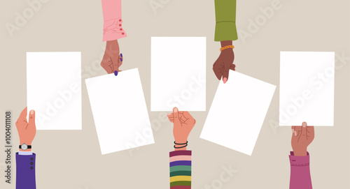 Five multiracial hands holding empty blank papers. Hand drawn vector illustration isolated on light background. Modern flat cartoon style.