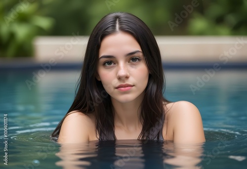 Silhouette of a woman relaxing in a serene indoor pool surrounded by natural light and lush greenery