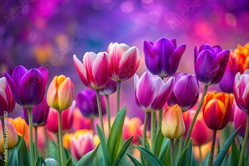 Vibrant tulips in full bloom showcased against a stunning purple backdrop, celebrating natures beauty and elegance.