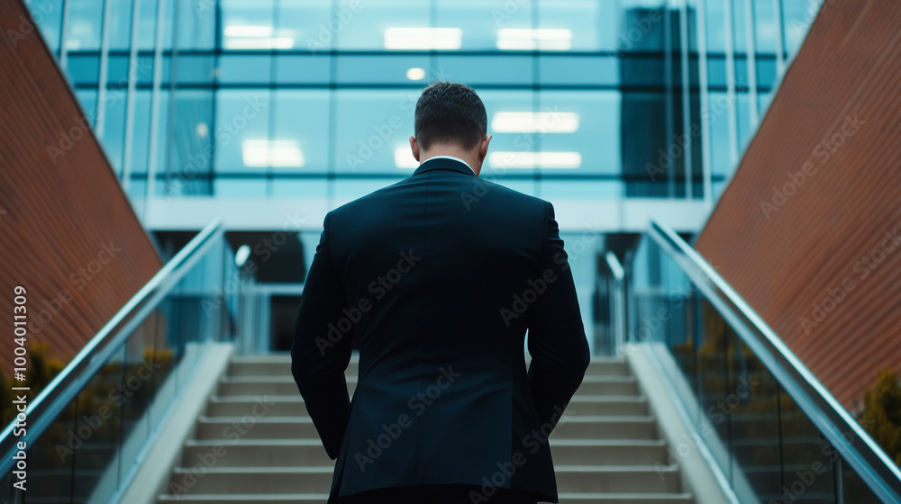 The back view of a businessman climbing stairs at a university, symbolizing the pursuit of knowledge and lifelong learning in his professional journey. The back view of a businessman climbing stairs at a university, symbolizing the pursuit of knowledge and lifelong learning in his professional journey.