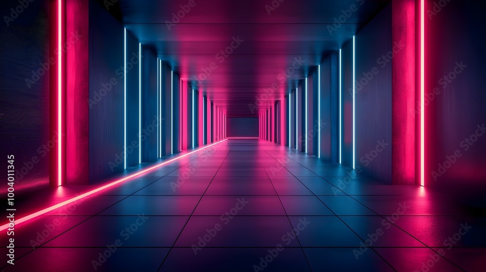 Futuristic Dark Empty Corridor with Glowing Architectural Lines