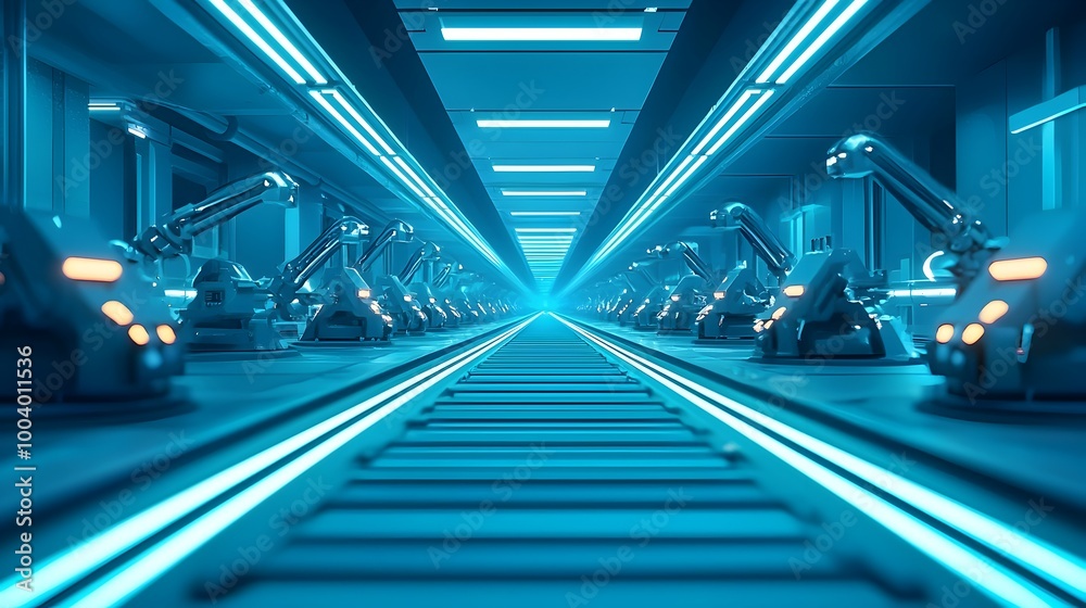 Fototapeta premium Futuristic Glowing Factory Interior with Robotic Arms and Production Lines