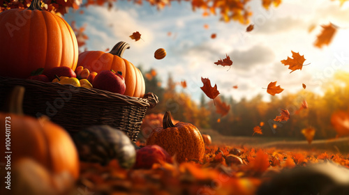 A rich Thanksgiving harvest scene featuring large pumpkins, colorful squash, and baskets filled with fruit, with orange leaves swirling in the crisp fall air. photo