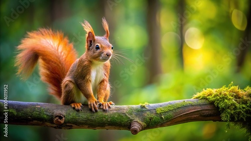 Worm's Eye View of a Red Squirrel on Tree Branch in Lush Forest