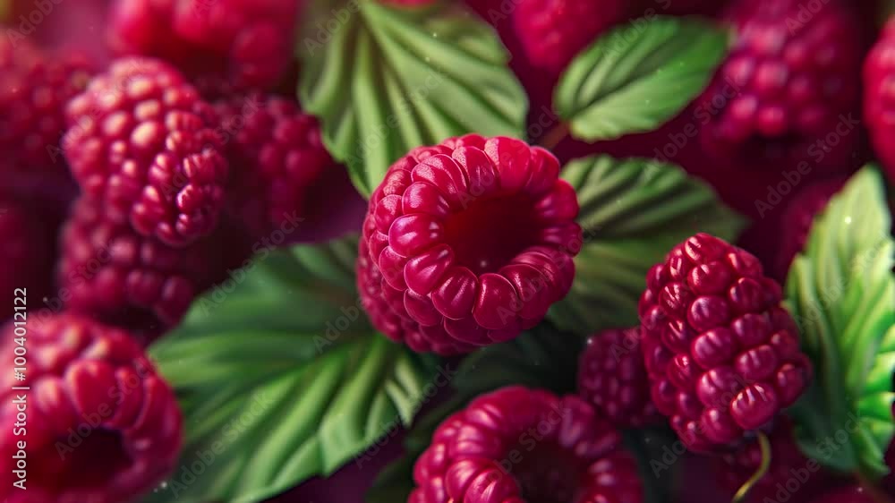 Close up of fresh raspberry fruit background with leaves, top view. Photorealistic high resolution macro photography for advertising or food design. Close up of fresh raspberry fruit background with leaves, top view. Photorealistic high resolution macro photography for advertising or food design.