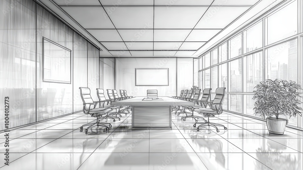 Detailed Line Drawing of Modern Meeting Room Interior Detailed Line Drawing of Modern Meeting Room Interior