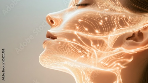 A woman enjoys a peaceful moment, with her eyes closed and a gentle smile, while ethereal light patterns gracefully illuminate her face, creating a sense of tranquility and beauty at sunset.