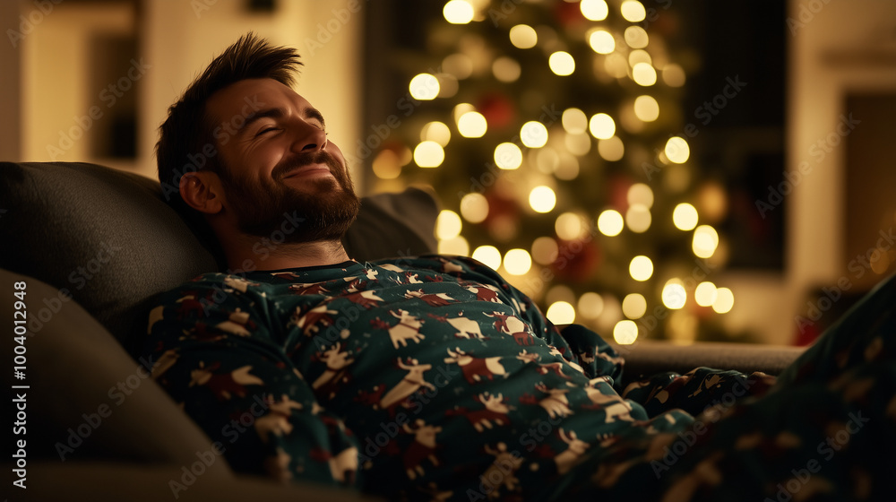 A man in his 40s, wearing reindeer-patterned pajamas, smiles as he relaxes on the couch, enjoying a peaceful Christmas night with a brightly lit tree casting a warm glow over the r A man in his 40s, wearing reindeer-patterned pajamas, smiles as he relaxes on the couch, enjoying a peaceful Christmas night with a brightly lit tree casting a warm glow over the r
