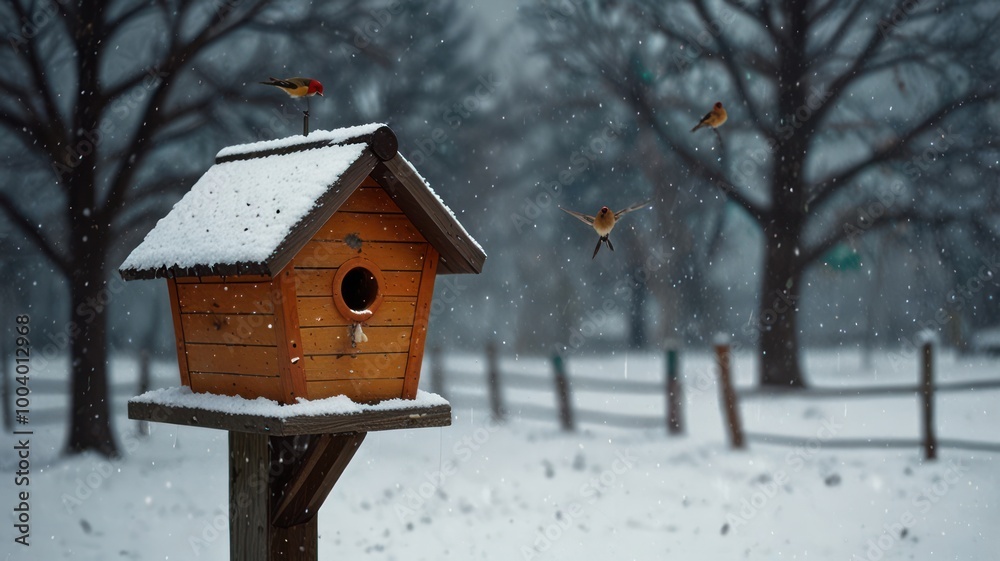 A wooden birdhouse with a snow-covered roof stands in a snowy park with birds flying around. A wooden birdhouse with a snow-covered roof stands in a snowy park with birds flying around.