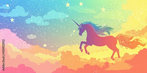 A vibrant illustration of a unicorn flying through a starry, colorful dream sky. Perfect for invoking wonder and fantasy in designs and creative projects.