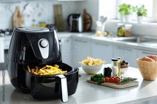 Modern air fryer cooking French fries on modern kitchen counter with fresh ingredients