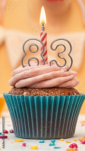 Birthday cupcake with burning lit candle with number 83. Number eighty-three for eighty-three years or eighty-third anniversary. photo