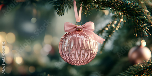 Pink Christmas Bauble Hanging from Snowy Tree