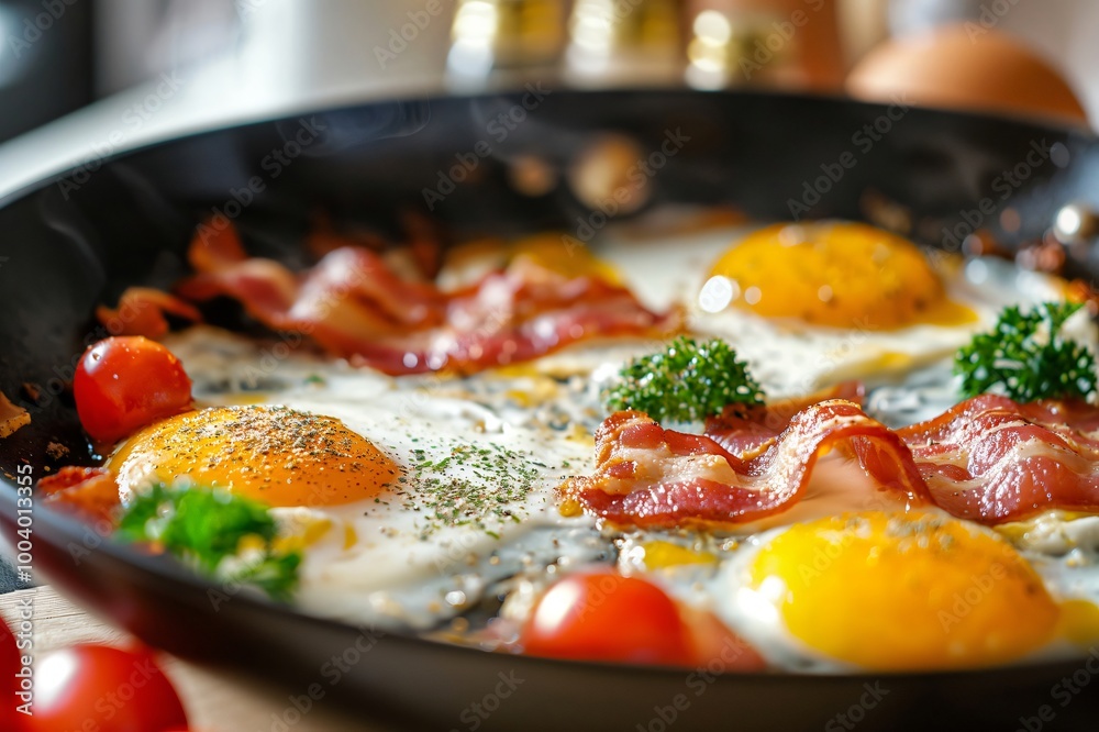 Hearty breakfast with fried eggs and bacon sizzling in a pan, seasoned with pepper and garnished with cherry tomatoes and parsley Hearty breakfast with fried eggs and bacon sizzling in a pan, seasoned with pepper and garnished with cherry tomatoes and parsley