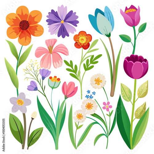 A cheerful collection of colorful flowers, perfect for adding a touch of spring to your designs. This vibrant illustration features a variety of blooms, including tulips, daisies, and wildflowers.