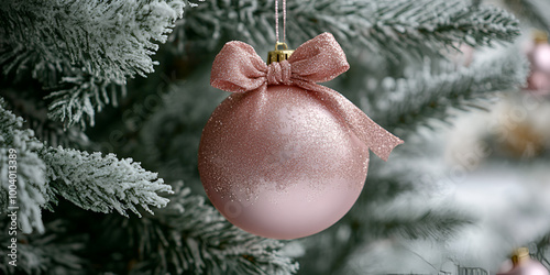 Pink Christmas Bauble Hanging from Snowy Tree