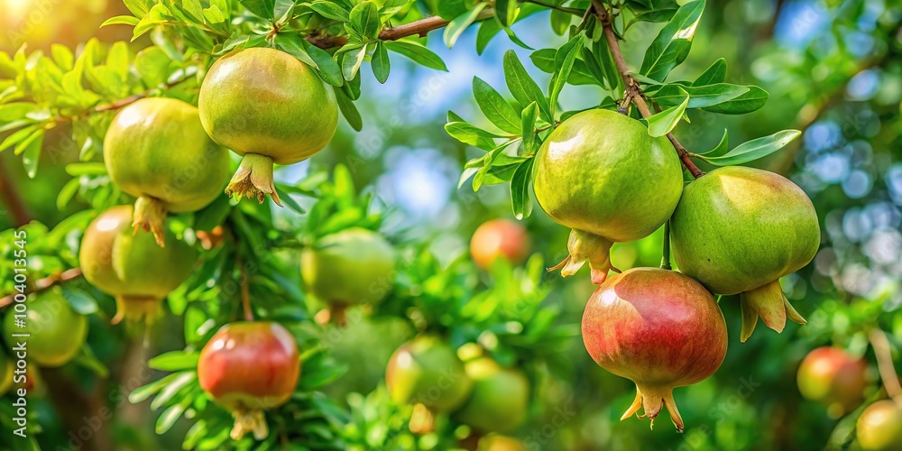 Obraz premium Worm's eye view of green pomegranate on tree background