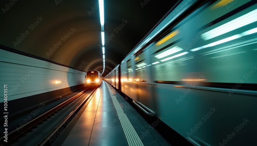 Subway train speeding through tunnel Subway train speeding through tunnel