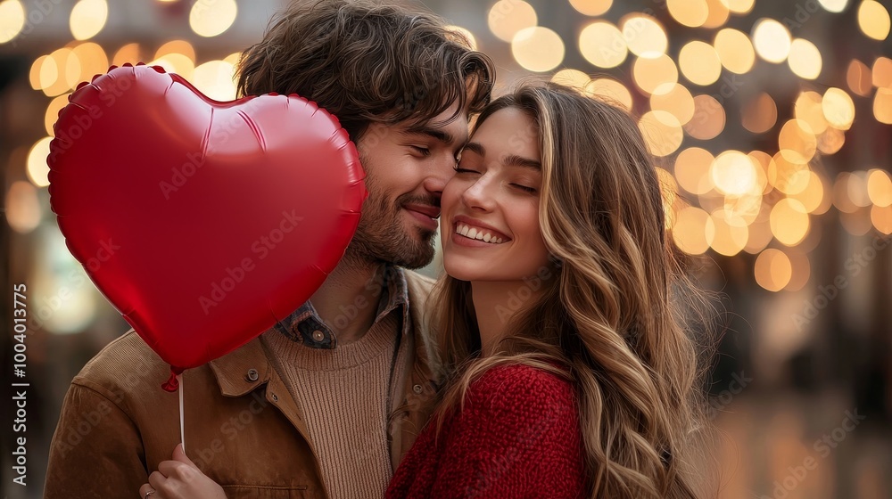Couple sharing a tender moment, holding a red heart balloon in a romantically lit ambiance.