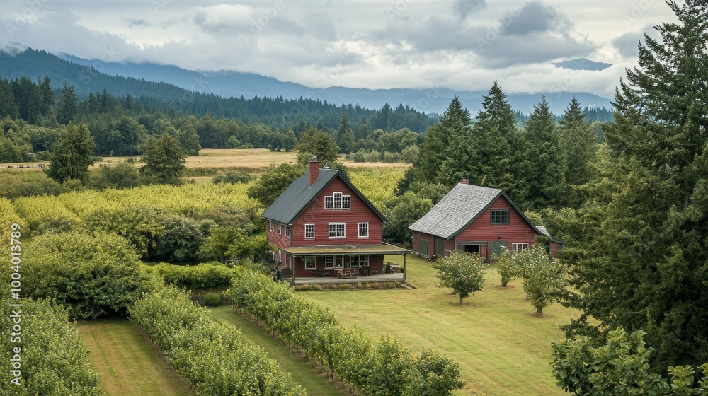 A tranquil family farm enclosed by a ring of fruit trees, the farmhouse and barn framed by nature's bounty, a harmonious blend of agriculture and nature A tranquil family farm enclosed by a ring of fruit trees, the farmhouse and barn framed by nature's bounty, a harmonious blend of agriculture and nature
