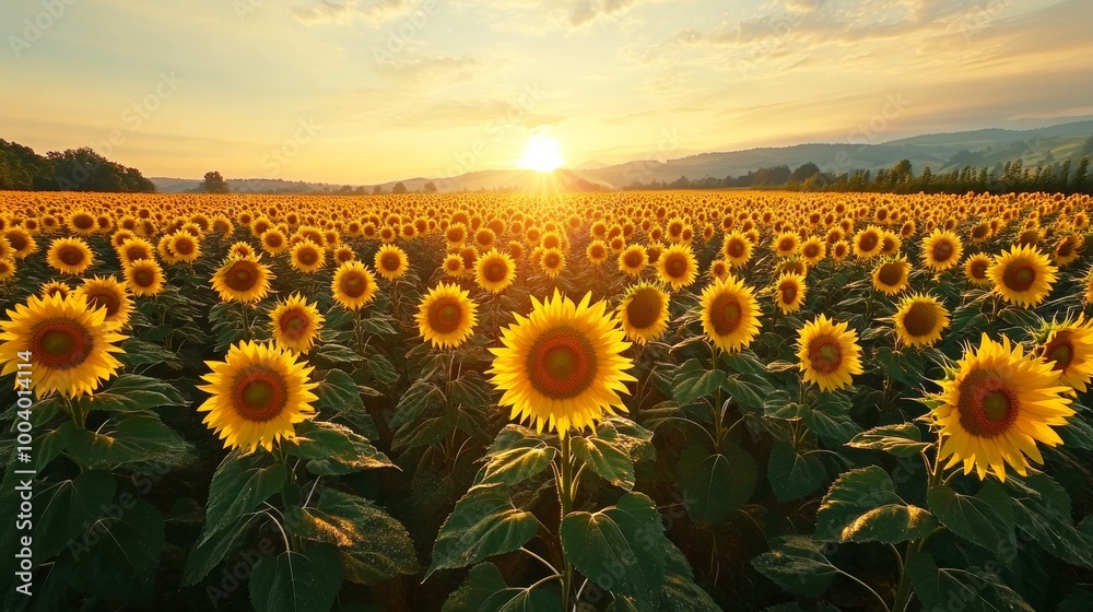 Fototapeta premium A vast circular field of sunflowers all facing the glowing morning sun, dewdrops glistening on petals as the warm light spreads across the horizon