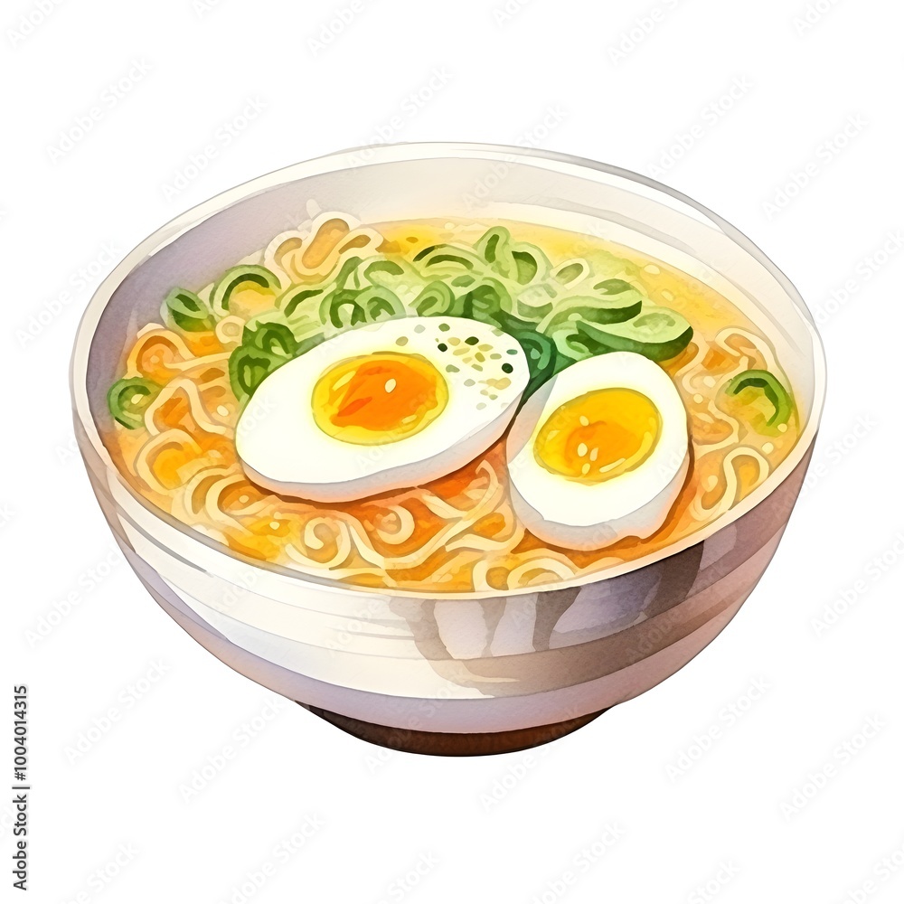 Watercolor of Appetizing Ramen Noodle Soup Dish with Broth Isolated on Clean White Background Watercolor of Appetizing Ramen Noodle Soup Dish with Broth Isolated on Clean White Background