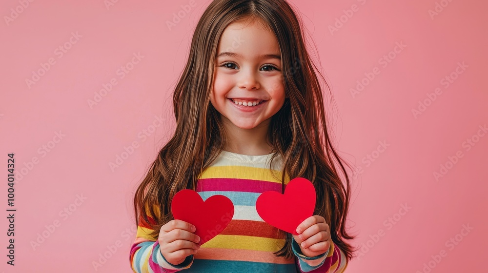 Joyful young girl holding red paper hearts, dressed in a colorful striped shirt against a pink background. Joyful young girl holding red paper hearts, dressed in a colorful striped shirt against a pink background.