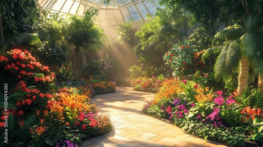 Naklejka premium A vibrant botanical garden within a circular greenhouse, colorful flowers arranged in perfect spirals, with sunlight streaming through the glass roof, creating a peaceful and balanced scene.