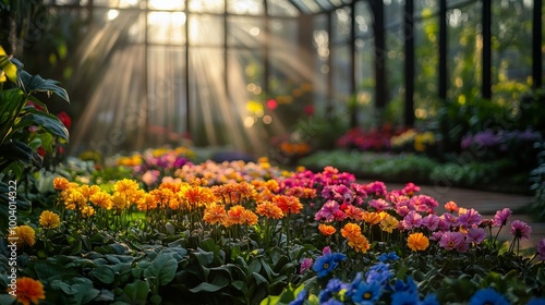 A vibrant botanical garden within a circular greenhouse, colorful flowers arranged in perfect spirals, with sunlight streaming through the glass roof, creating a peaceful and balanced scene.