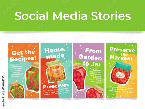 Preserve harvest homemade recipe social media stories design template set isometric vector