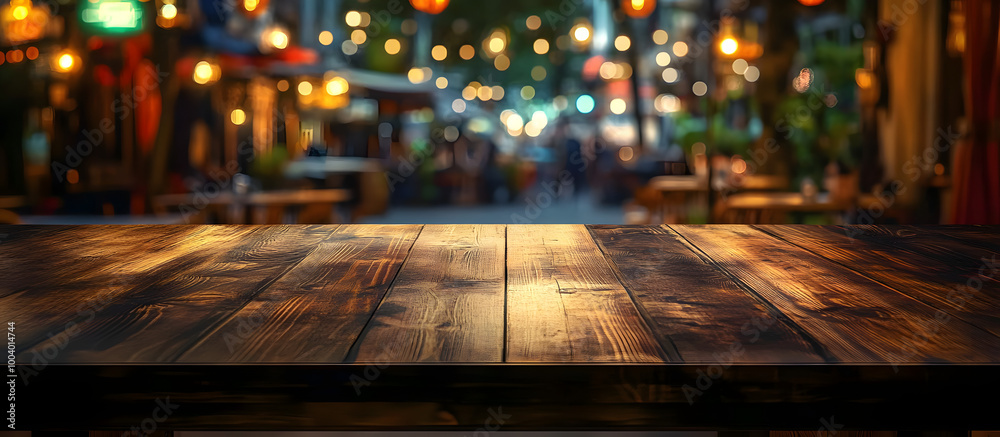 A wooden table is displayed in a blur of a modern night scene at a bustling restaurant offering a generous copy space image for presenting products or food A wooden table is displayed in a blur of a modern night scene at a bustling restaurant offering a generous copy space image for presenting products or food