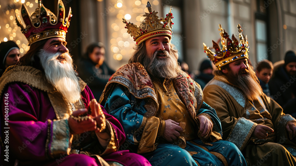 Fototapeta premium Majestic portrayal of Three Kings in ornate robes and crowns against a sunset backdrop. Concept for Dia de Reyes Magos day,Three Wise Men