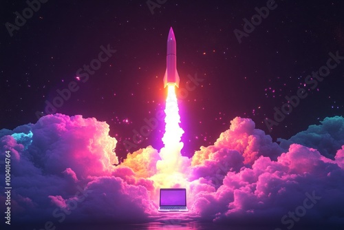 Vibrant Rocket Launch in Colorful Clouds