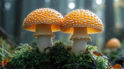 Close-Up of Two Vibrant Mushrooms in a Lush Forest