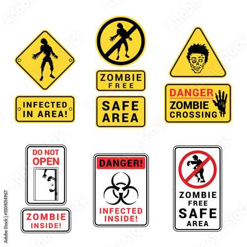 Zombie area warning signs dangerous fantasy monster zone caution set vector flat illustration