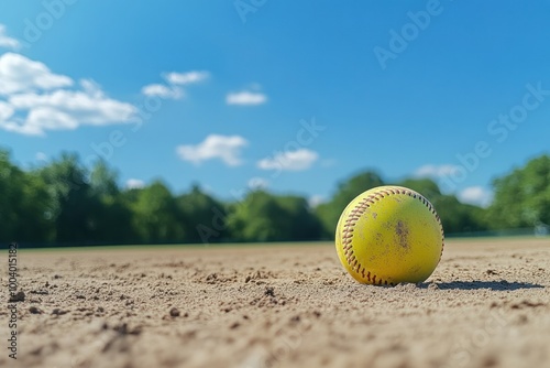 Yellow Softball Resting on Clay Field under Blue Sky