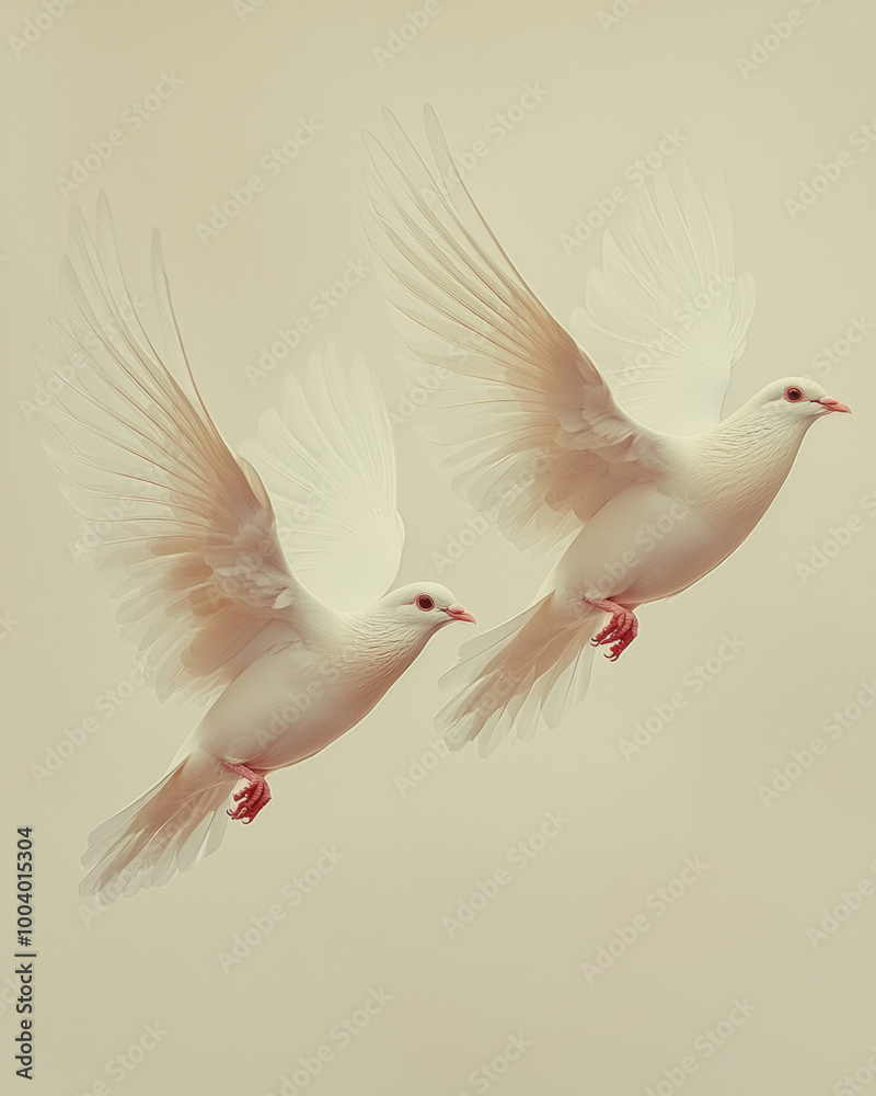 Obraz premium A pair of doves with open wings, gliding together on a light pastel background,