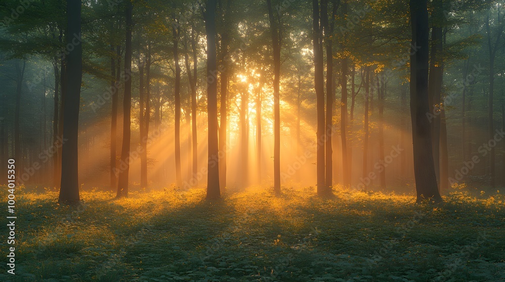 Fototapeta premium Lush forest covered in thick fog with sunlight breaking through the trees in the distance