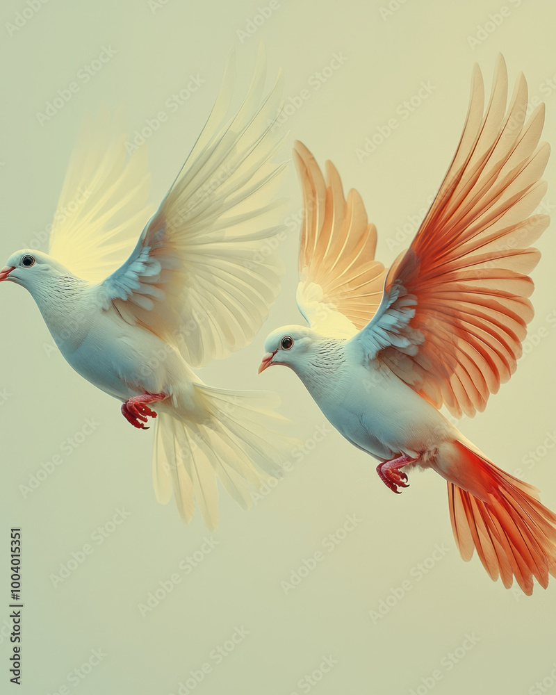 Obraz premium A pair of doves with open wings, gliding together on a light pastel background,