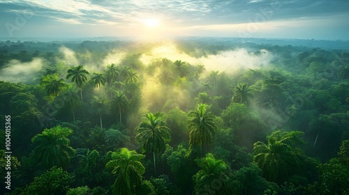 Lush forest covered in thick fog with sunlight breaking through the trees in the distance