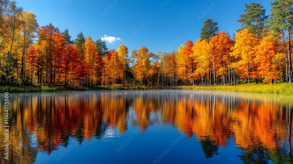 Serene nature scene with thick fog hanging over a calm lake surrounded by autumn-colored trees Serene nature scene with thick fog hanging over a calm lake surrounded by autumn-colored trees