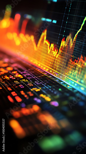 Colorful digital stock market display with financial data and graphs, perfect for finance, investment, and technology related uses.
