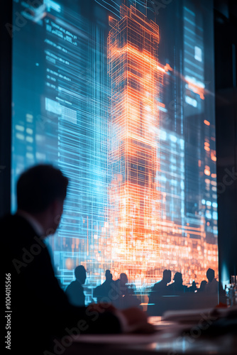 Businessman in silhouette observes a digital urban landscape with skyscrapers and data overlays, depicting futuristic technology in a city setting.